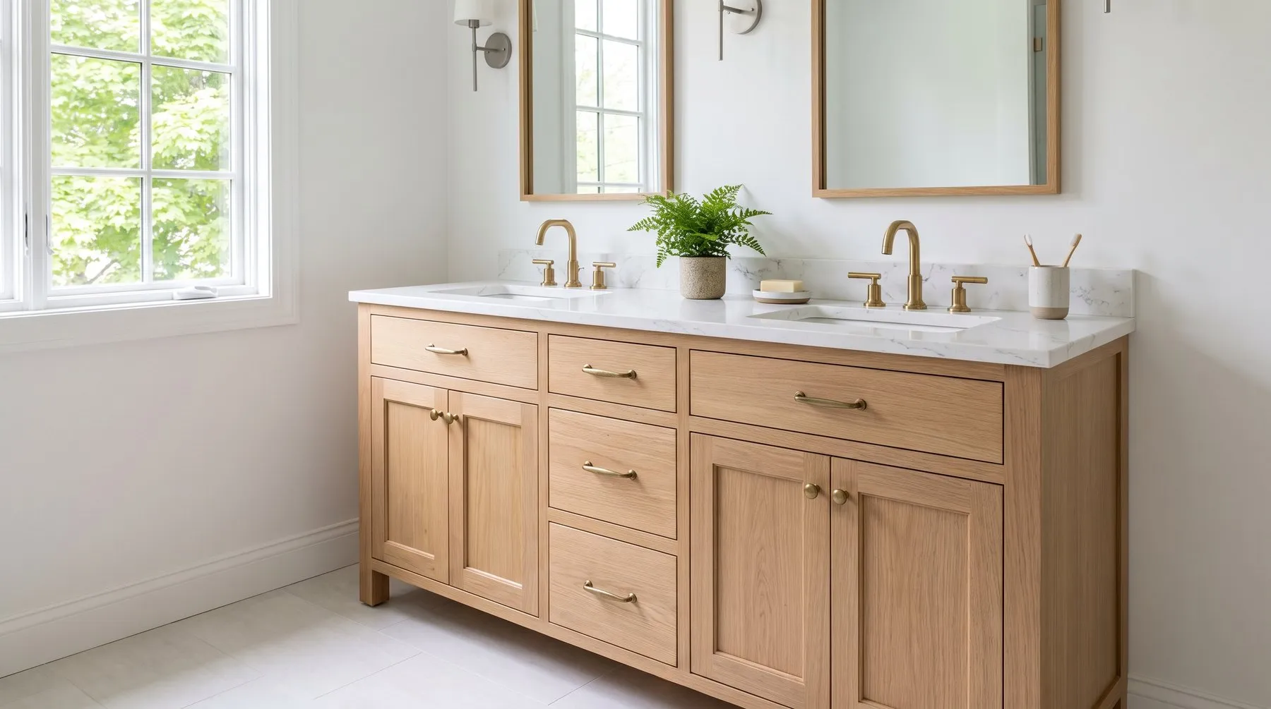 Natural oak double vanity with a white veined top and brass pulls in a finished bathroom