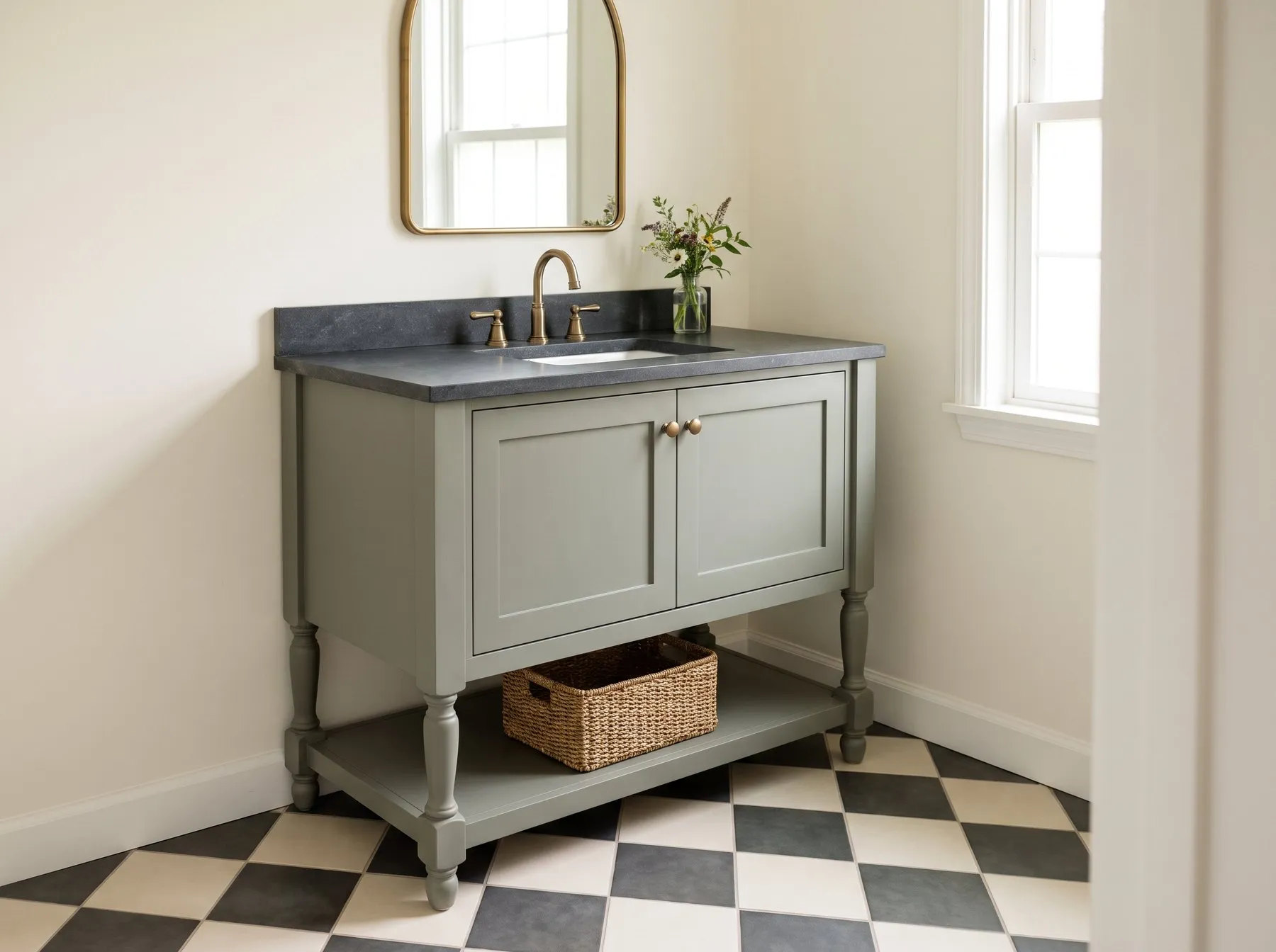 Green-gray furniture-style vanity on turned legs with an open shelf, dark stone top and brass faucet