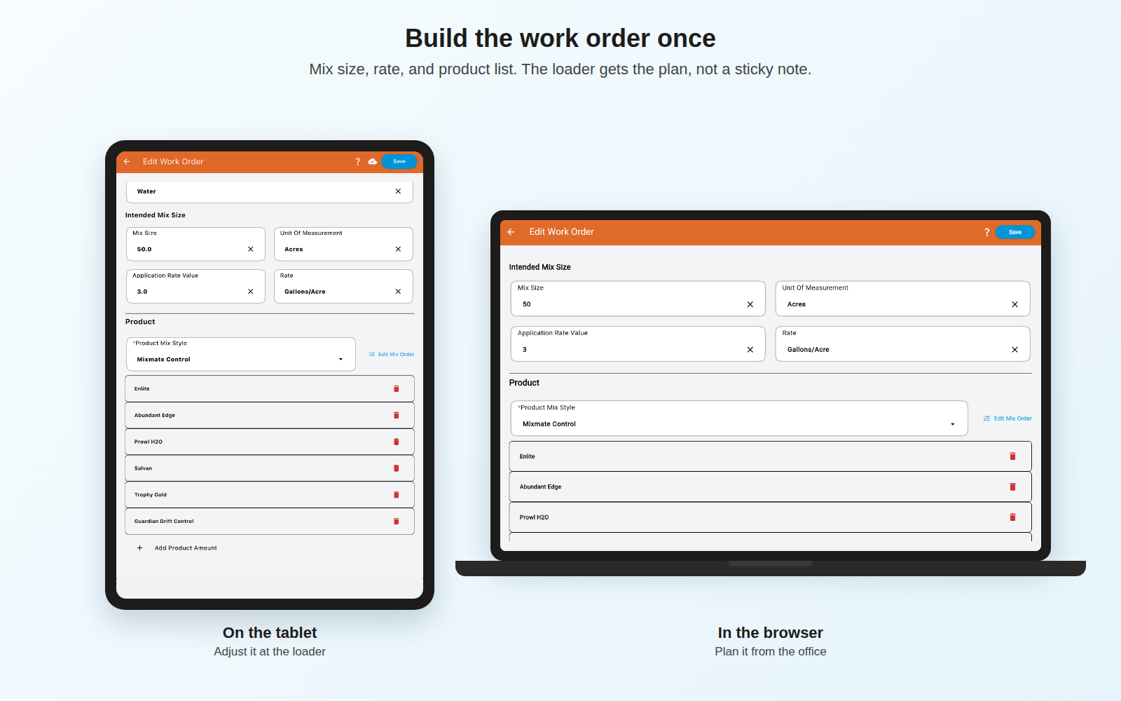 Mixmate work order editor on a tablet and in a browser