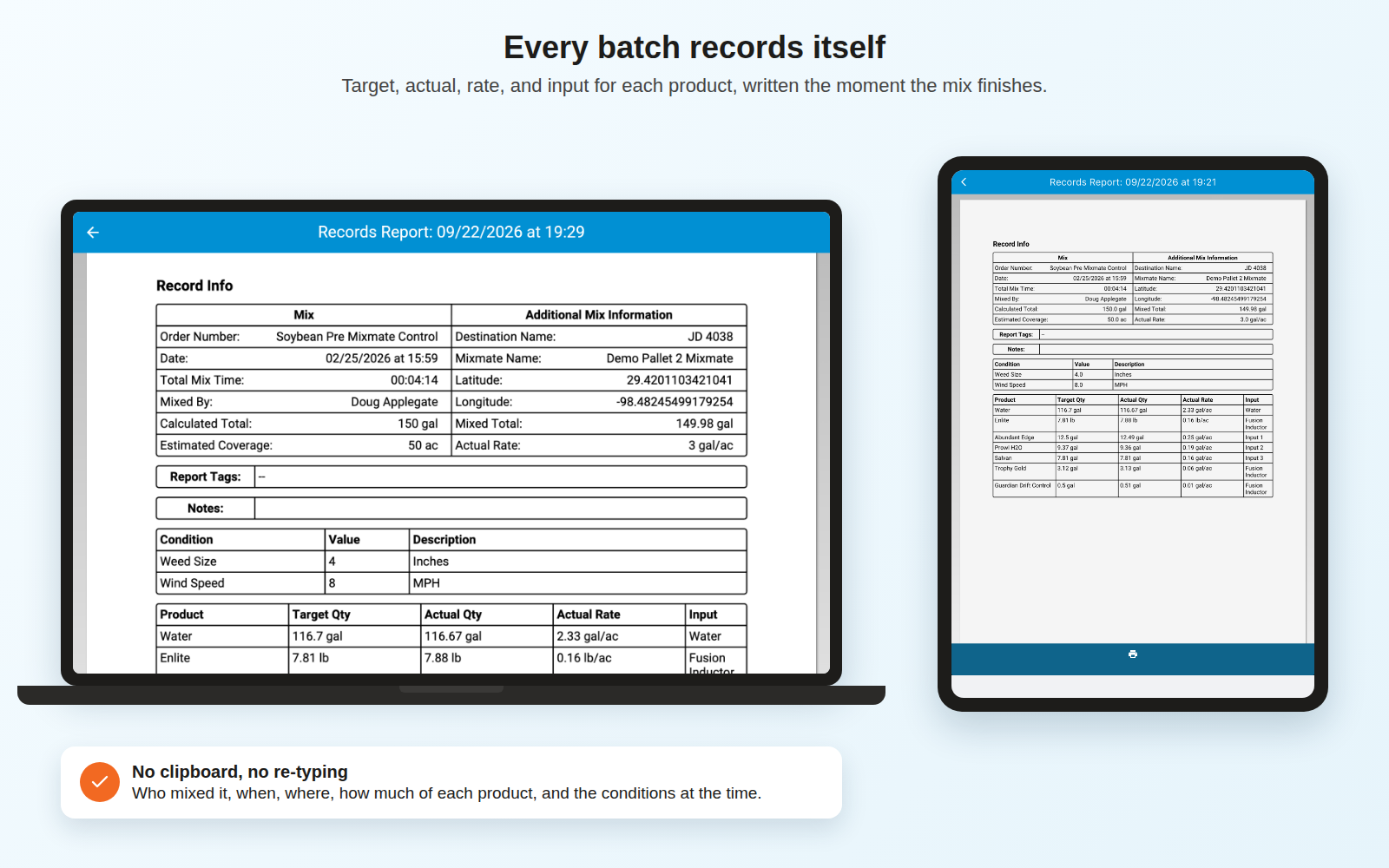 Mixmate records report on a laptop and tablet