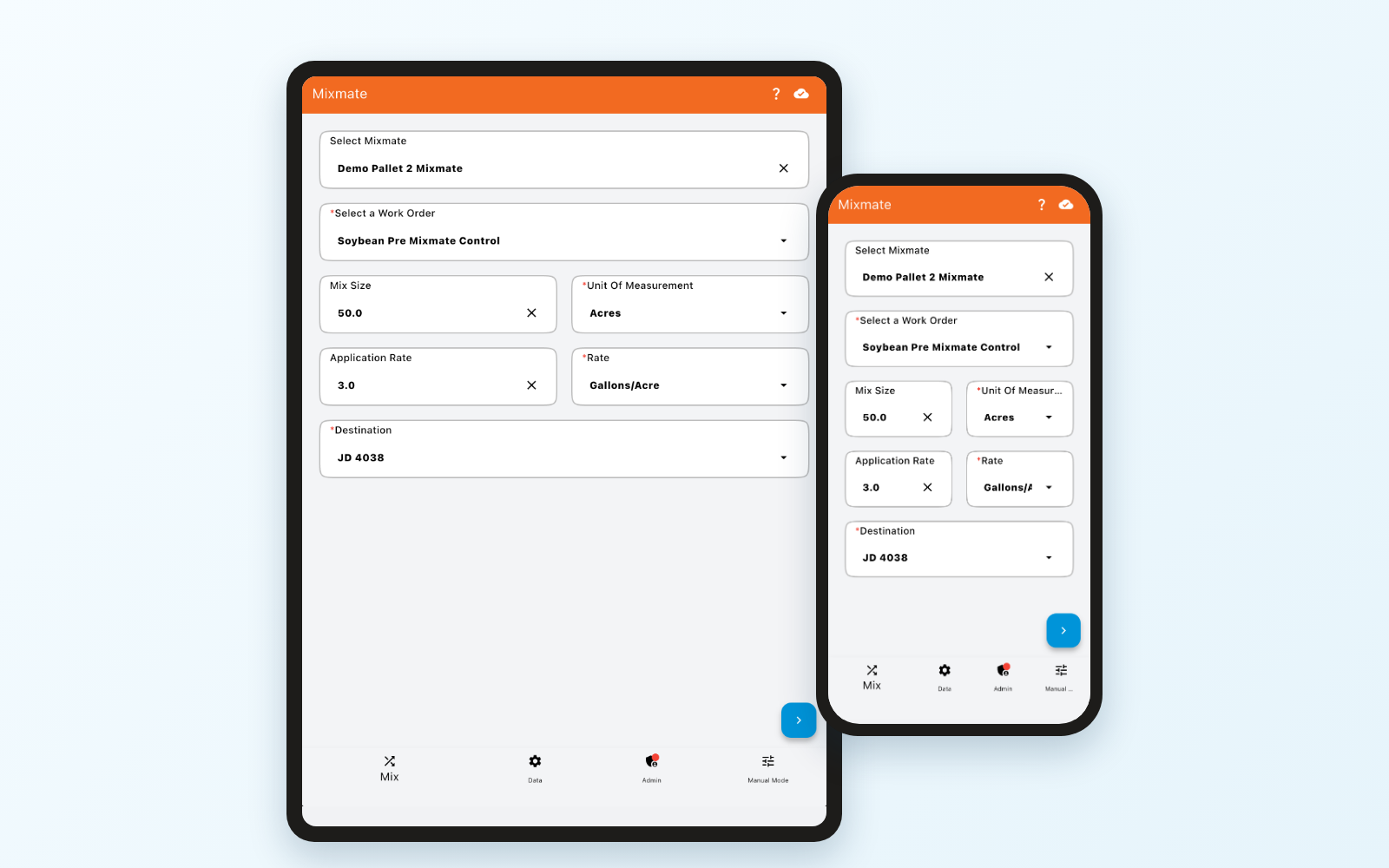Mixmate app Mix screen on a tablet and a phone