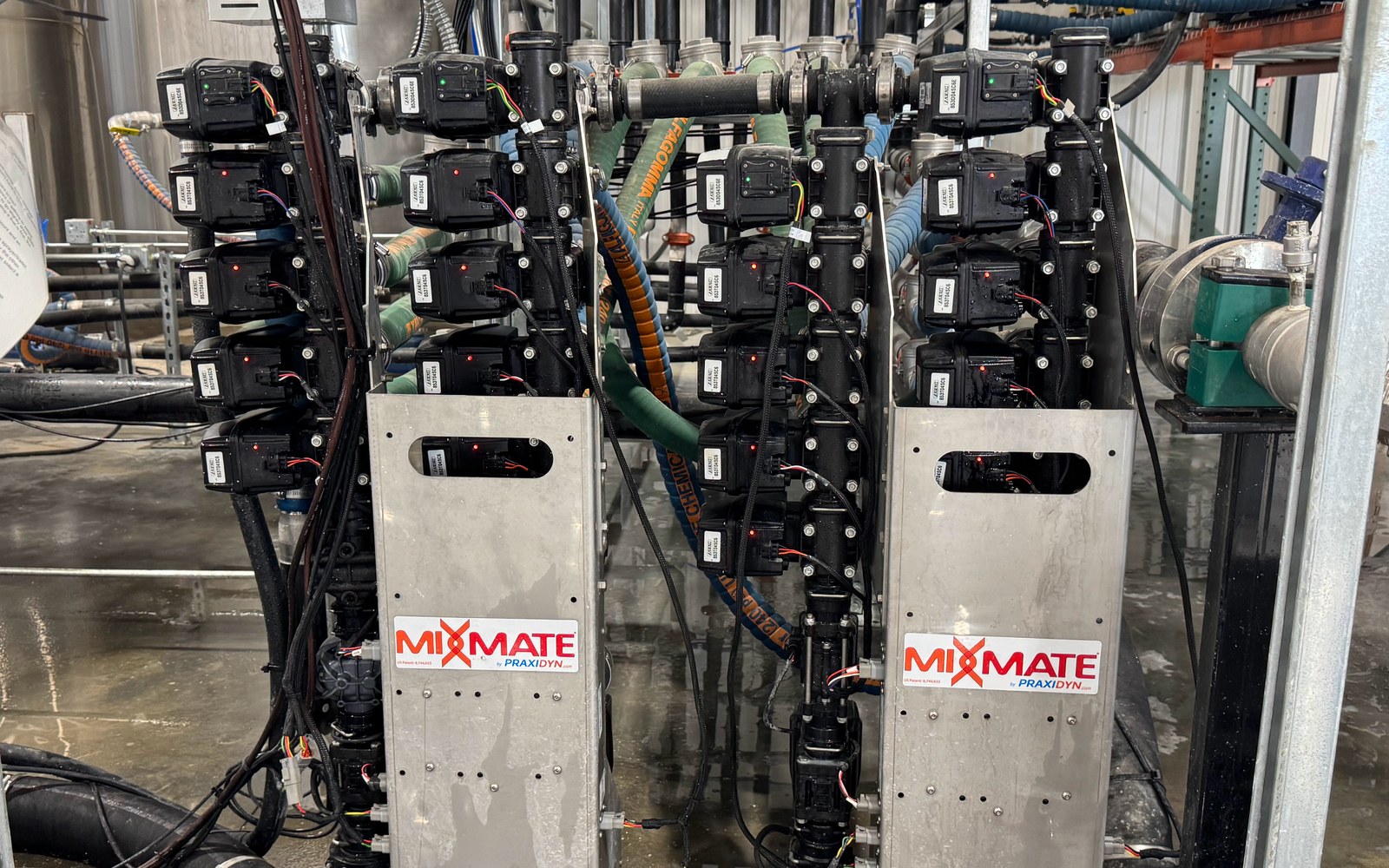 Two Mixmate valve stacks with multiple bulk product inputs at a mixing plant
