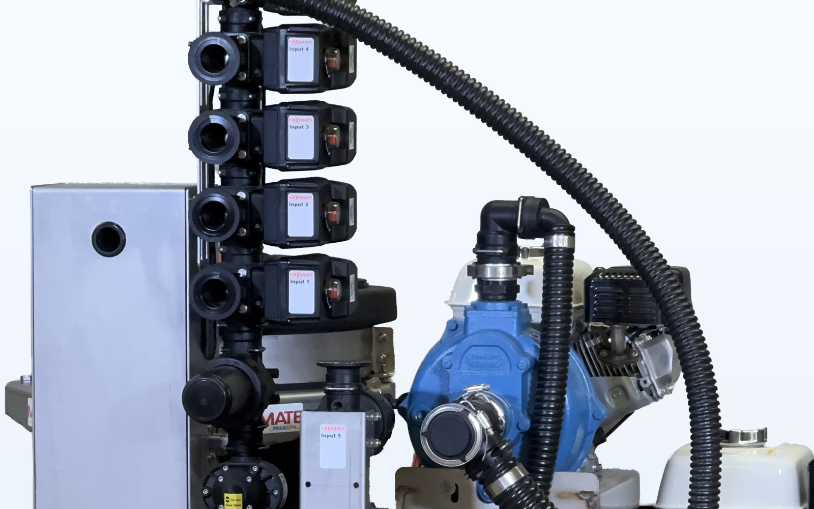 Fusion Skid input valve stack and pump, ready for water and bulk chemical connections
