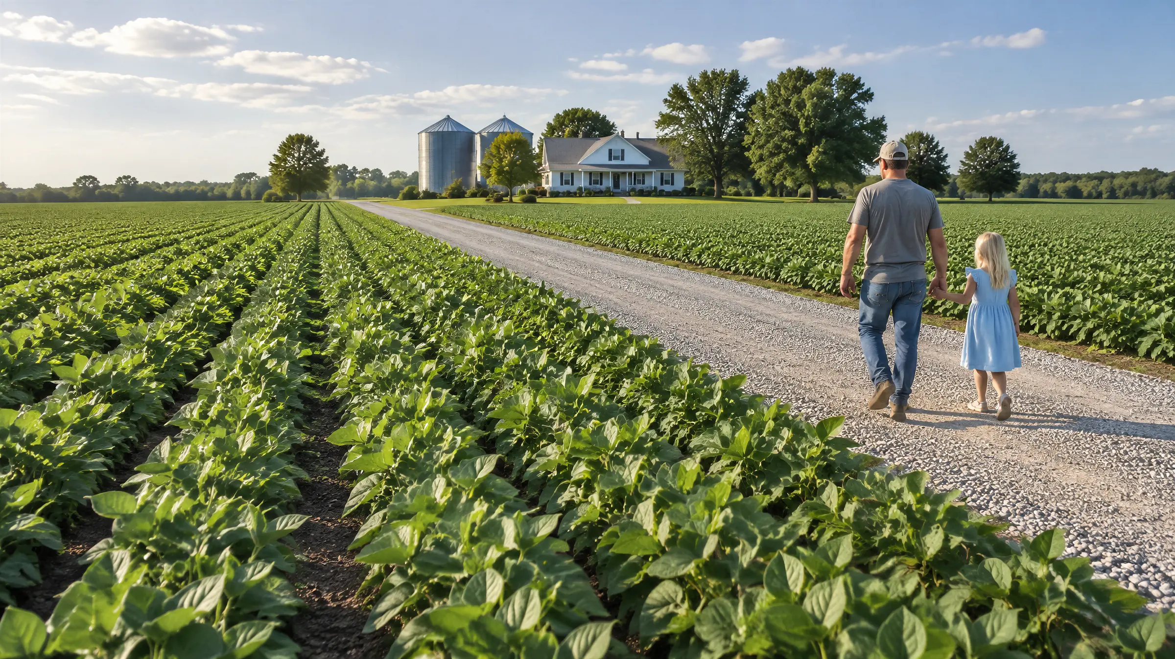 Father and daughter walking hand in hand down a gravel farm lane between soybean fields toward the farmhouse