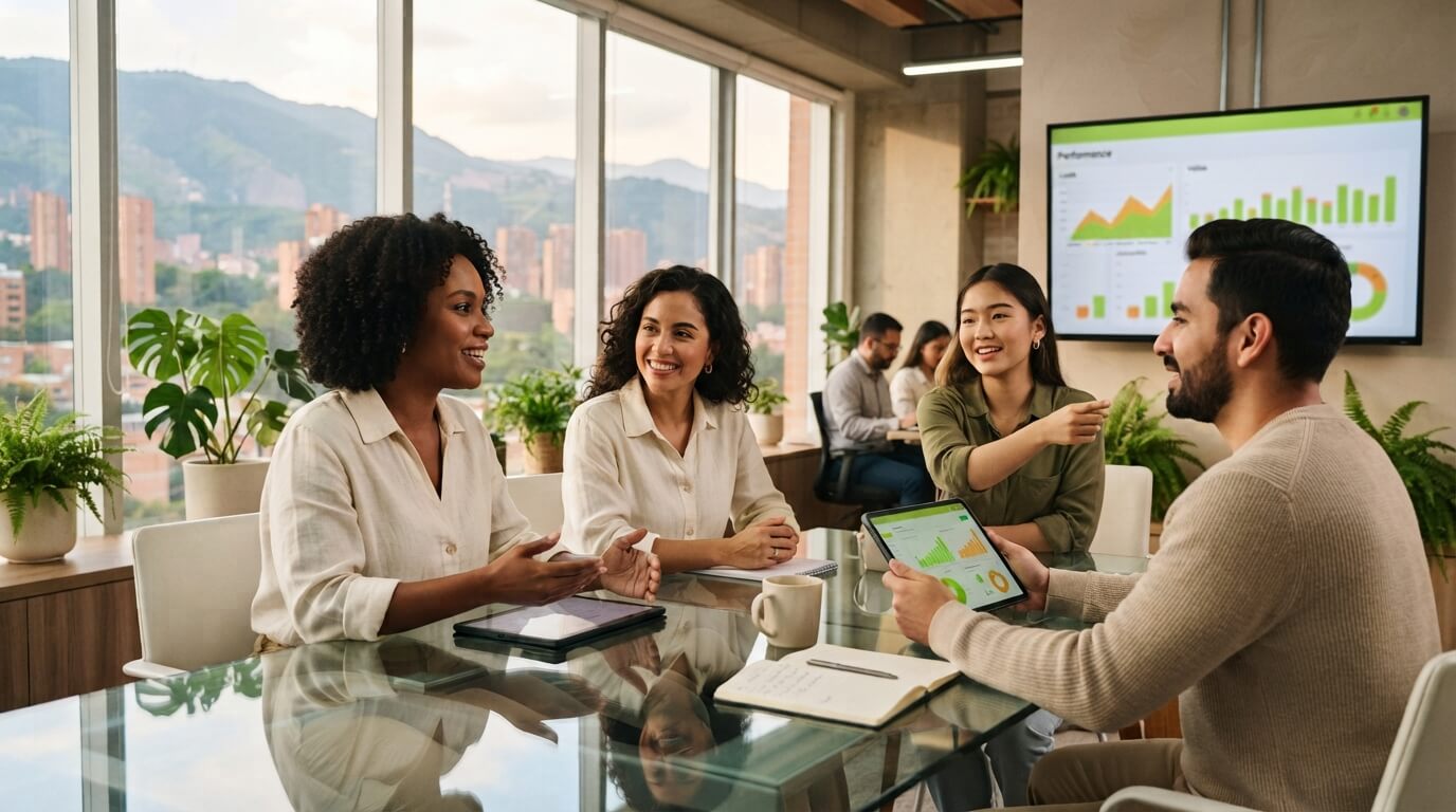 Equipo diverso de agentes de servicio al cliente colaborando en dashboard omnicanal, alcanzando objetivos de atención al cliente en BPO