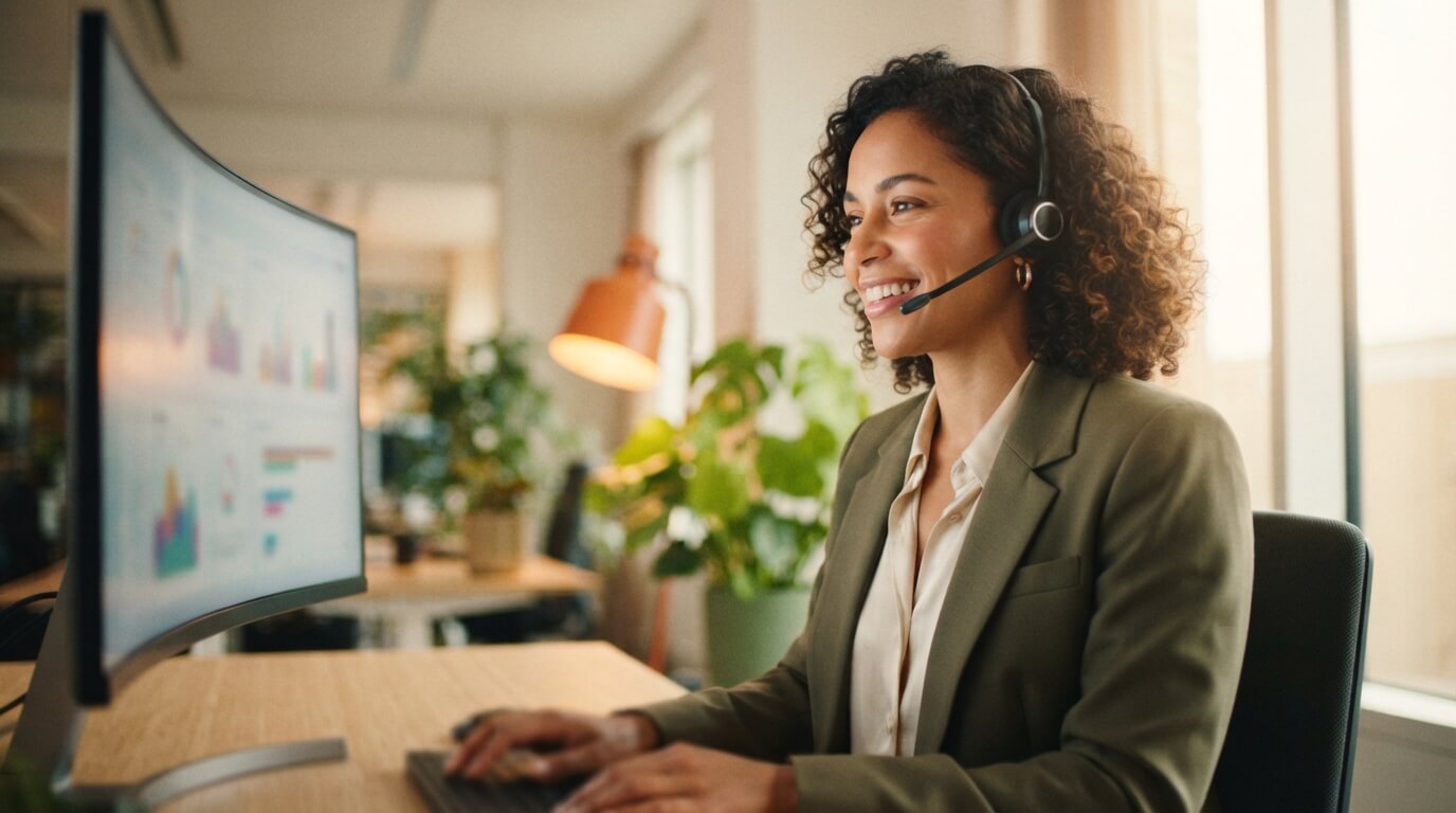 Agente de contact center con headset sonriendo frente a monitor, ventajas y desventajas de un call center moderno para empresas