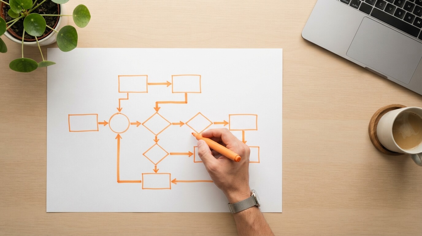 Mano dibujando flujo del ciclo de servicio al cliente sobre papel, mapeo de las 5 etapas clave del customer journey en BPO