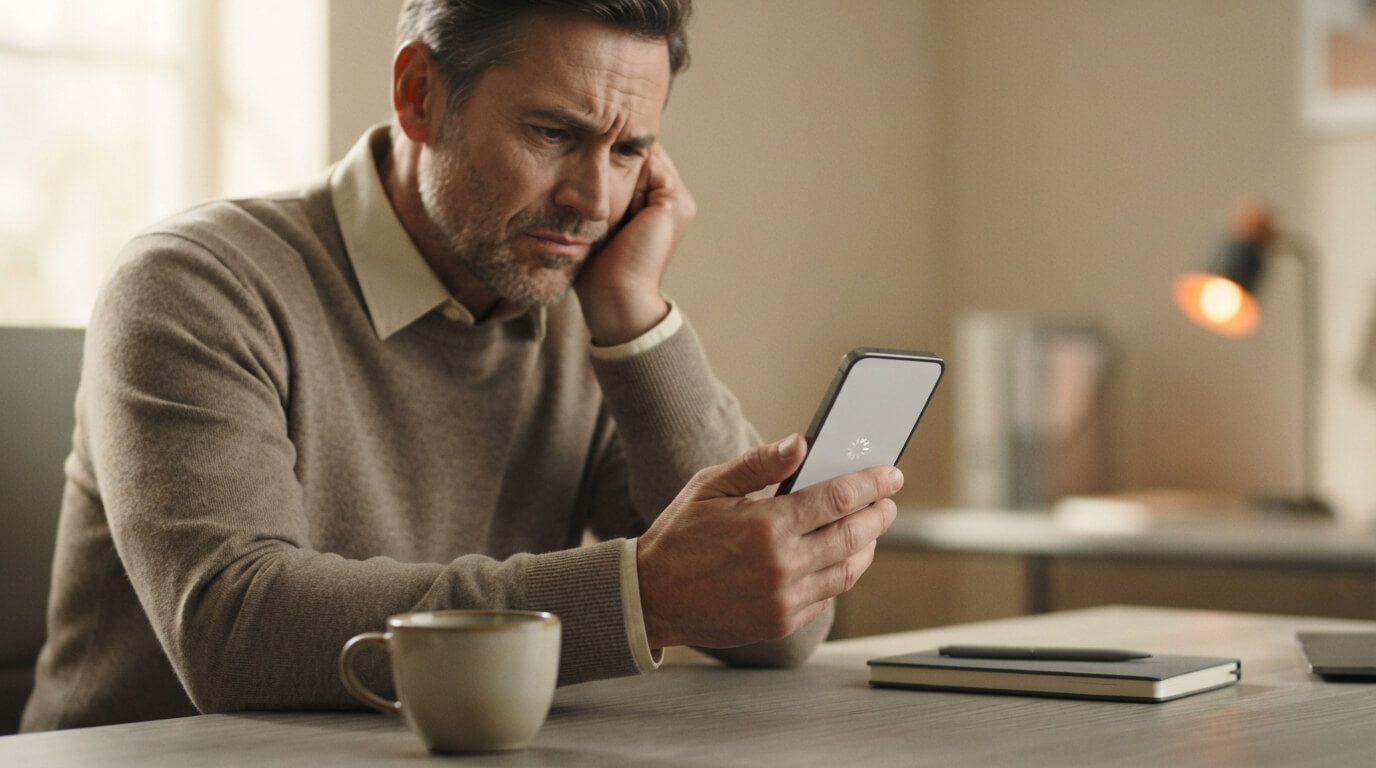 Cliente frustrado esperando respuesta en smartphone, ejemplo de mala atención al cliente en empresas sin soporte BPO omnicanal