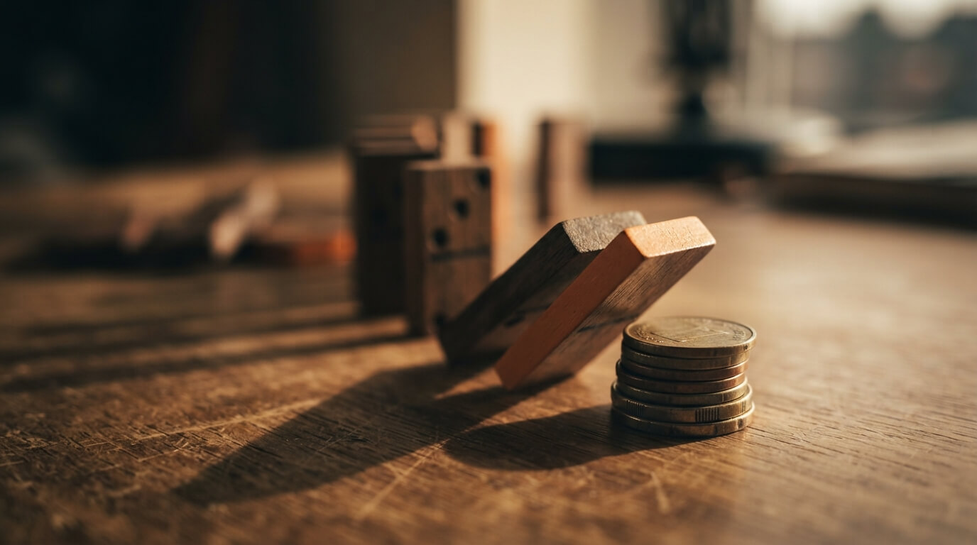 Fichas de dominó cayendo hacia monedas apiladas, representación del costo del mal servicio de atención al cliente para las empresas