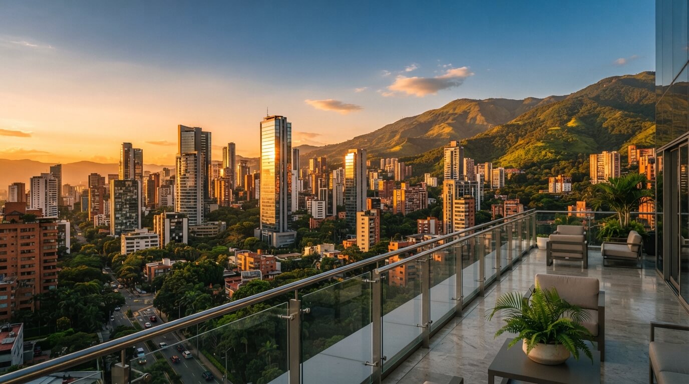 Vista panorámica del skyline de Medellín al atardecer, hub del outsourcing en Colombia y sector BPO en crecimiento en Latinoamérica