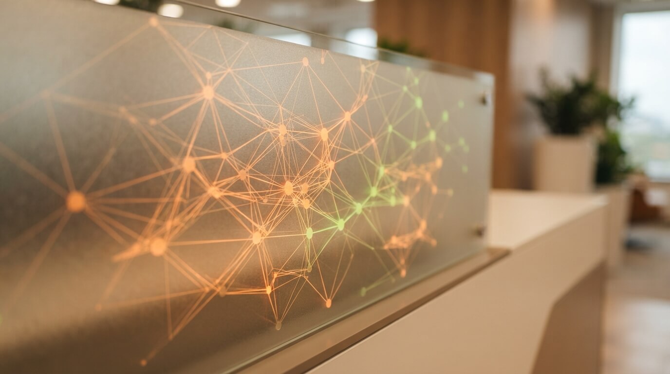 Red de nodos interconectados con luz cálida, visualización de la importancia del CRM en las empresas para gestionar clientes y datos