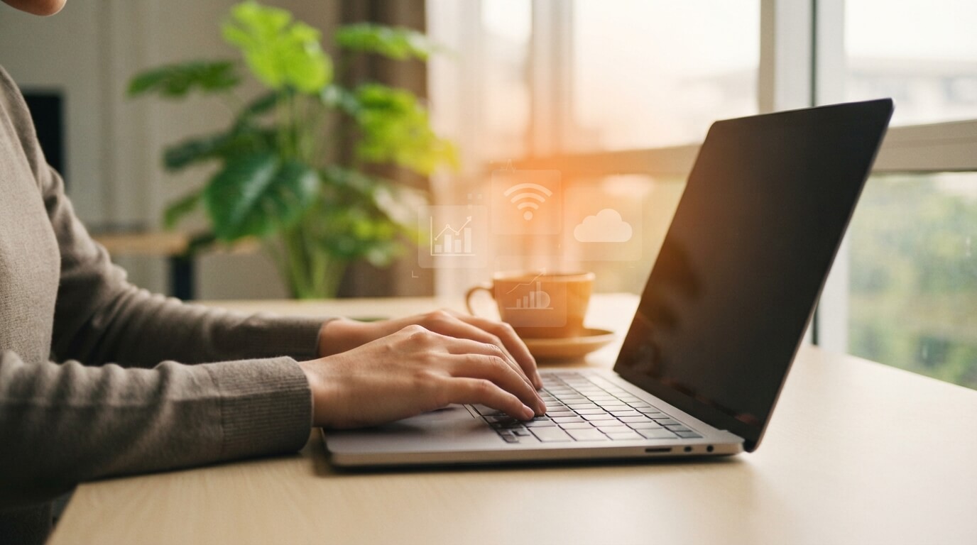 Manos escribiendo en laptop con íconos digitales flotantes, ventajas y desventajas de la economía digital para empresas en transformación