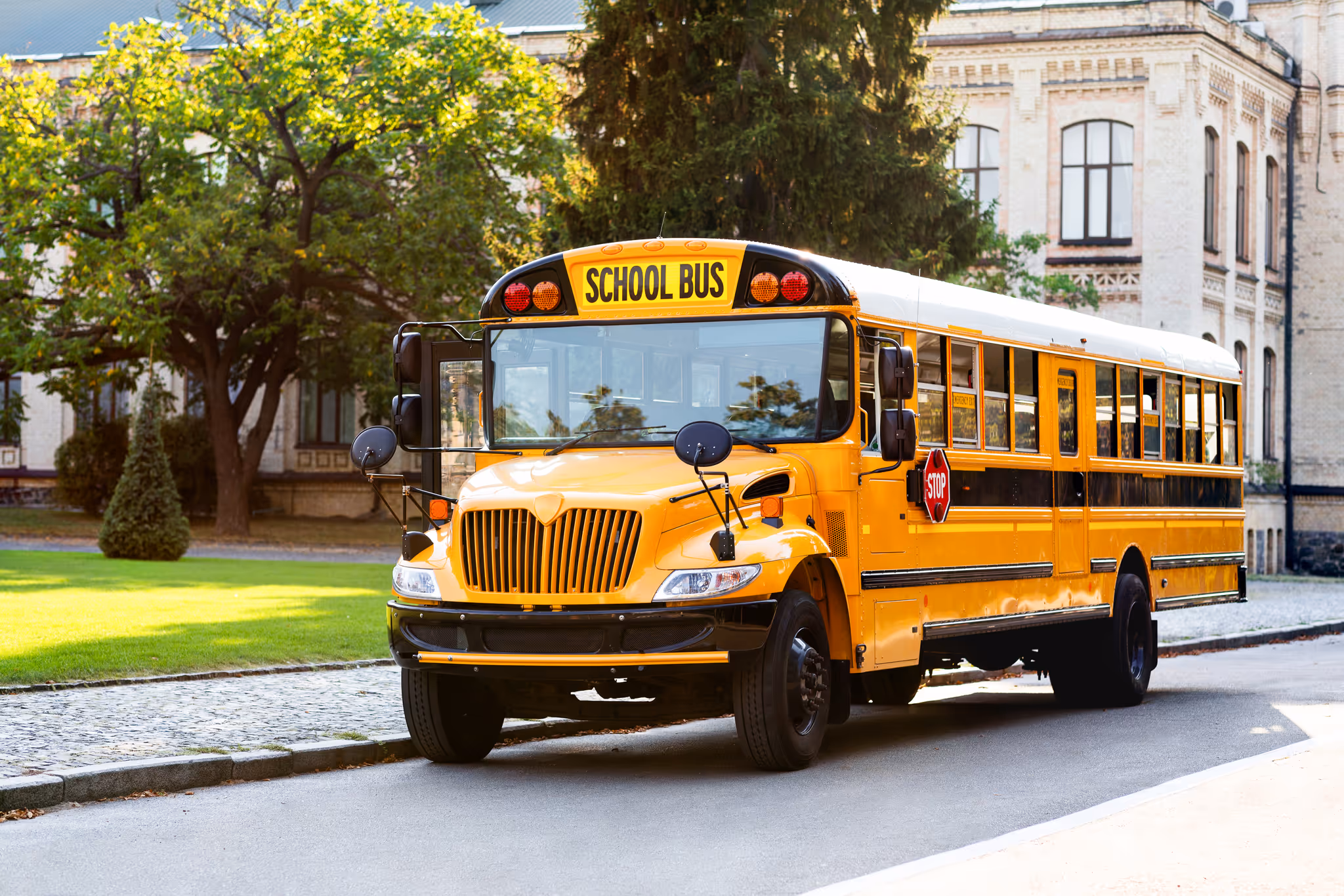 Yellow school bus parked on a street near a building with trees and green grass around.