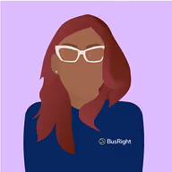 Illustration of a person with long wavy red hair and white glasses wearing a navy blue jacket with the BusRight logo.
