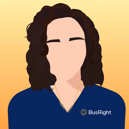 Stylized illustration of a person with curly dark hair wearing a navy blue top with a gold necklace and the BusRight logo.
