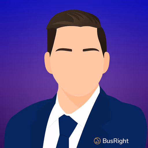 Illustration of a faceless man with dark hair wearing a dark blue suit and tie on a purple gradient background with BusRight logo on the jacket.