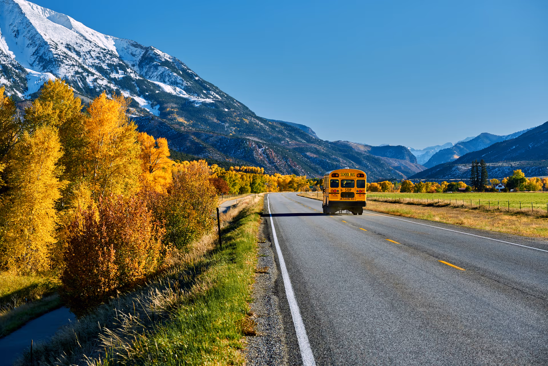 Yellow school bus driving on a highway surrounded by autumn trees with snow-capped mountains in the background under a clear blue sky.