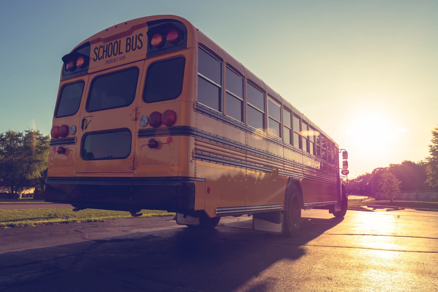 A yellow school bus parked in a lot at sunset, seen from behind