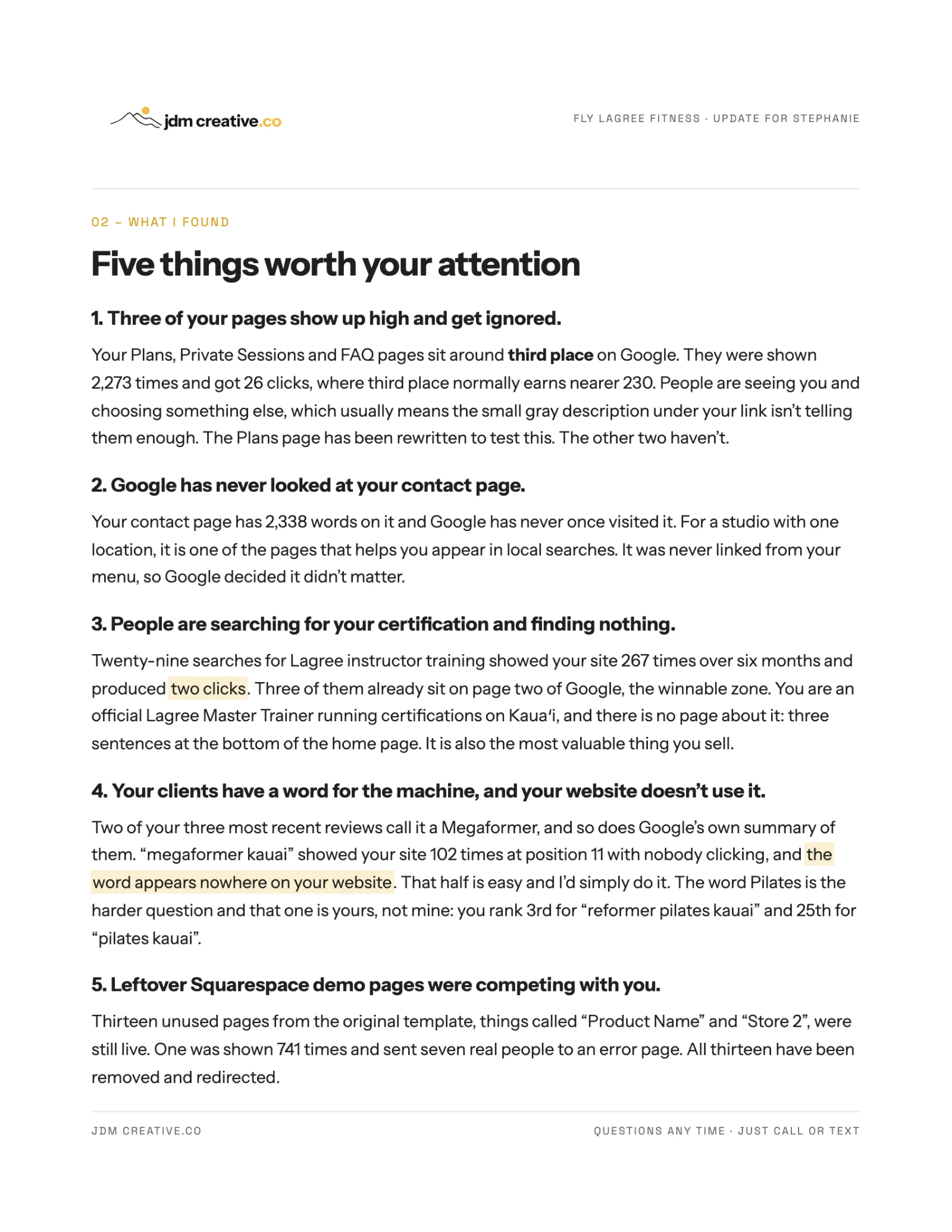 Page two of the search visibility report for FLY Lagree Fitness, listing five specific findings including pages that rank highly but are never clicked