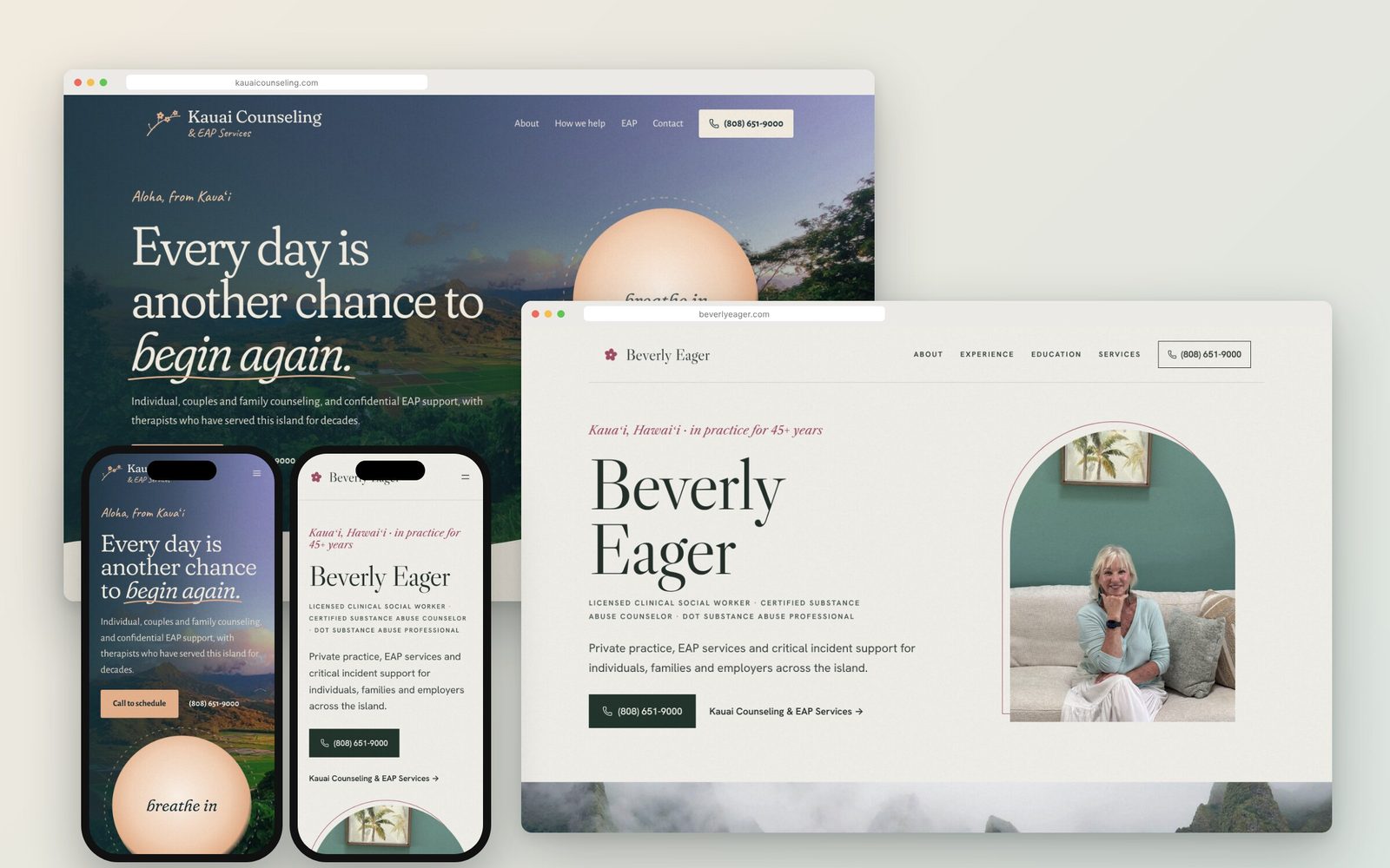 Desktop and phone mockups of the new kauaicounseling.com and beverlyeager.com websites
