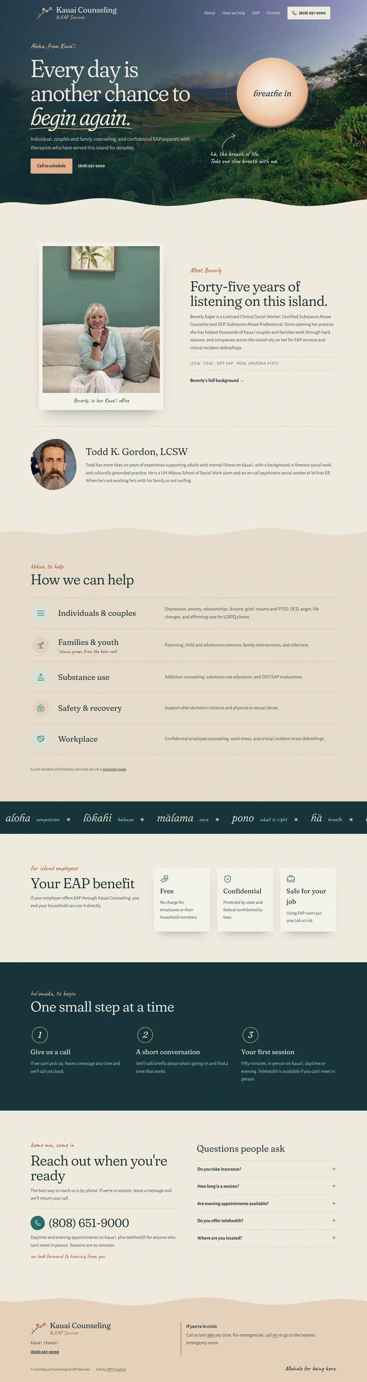 Full Kauai Counseling homepage, from the breathing circle hero to the services, EAP and contact sections