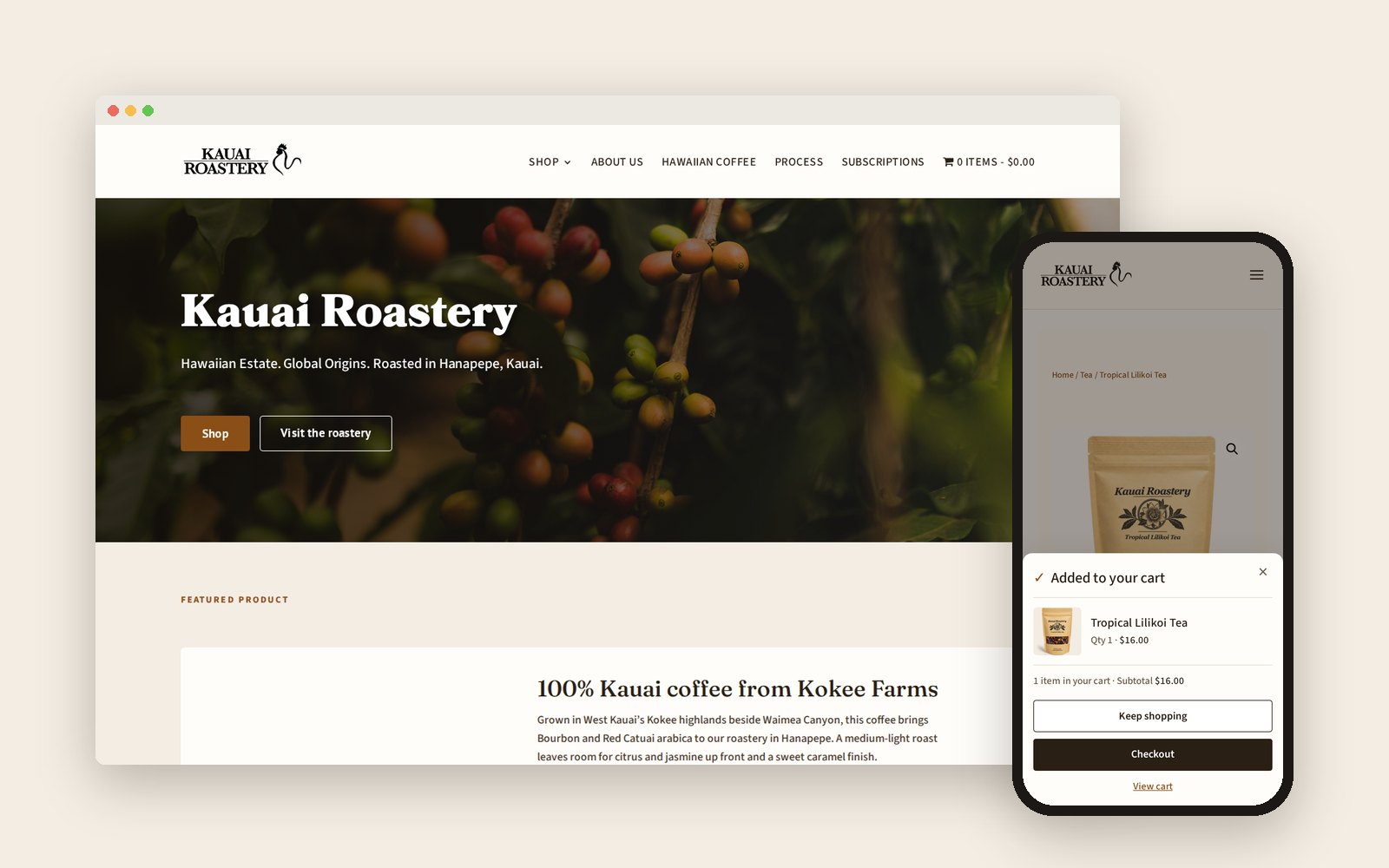 Desktop and phone mockups of the refreshed kauairoastery.com, with the mobile add-to-cart pop-up