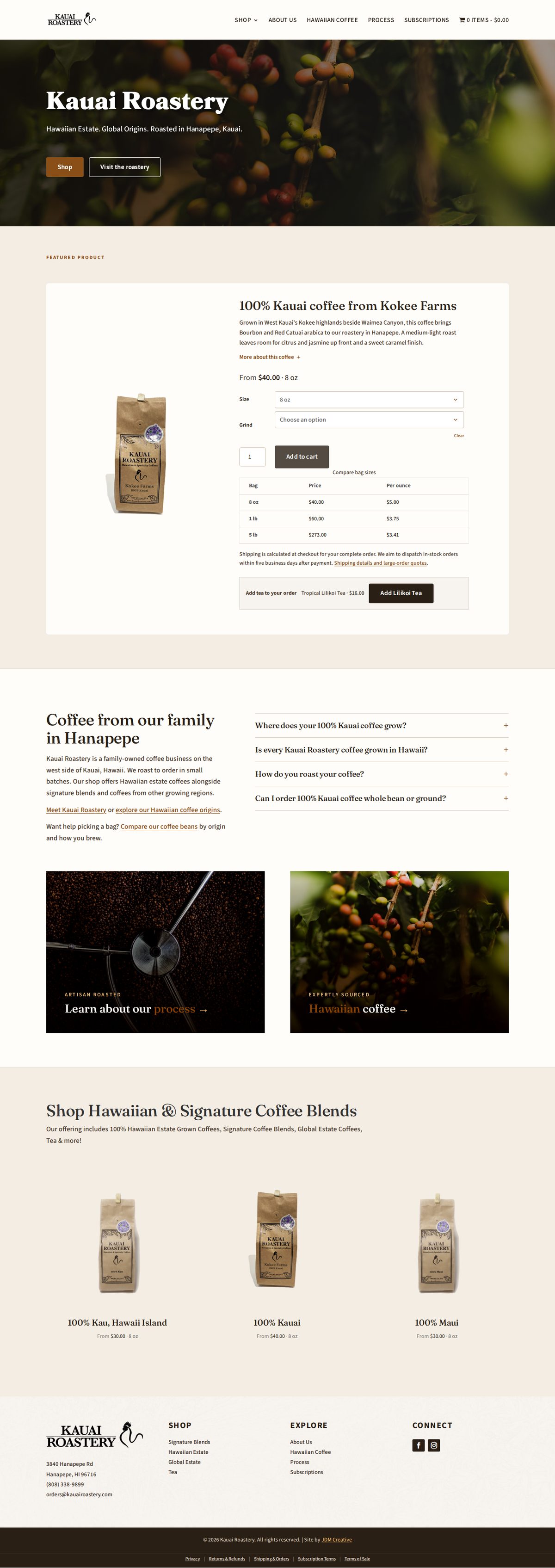 Full Kauai Roastery home page, from the coffee cherry hero to the featured coffee, FAQs and shop sections