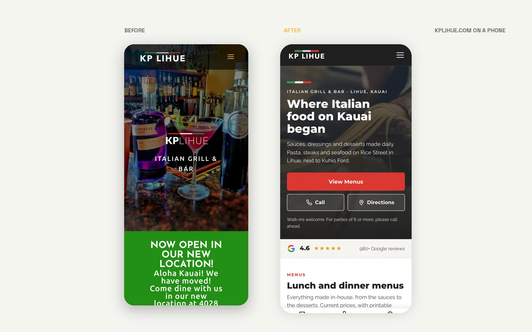 Before and after of kplihue.com on a phone: the old site with its outdated new-location banner next to the new mobile-first homepage