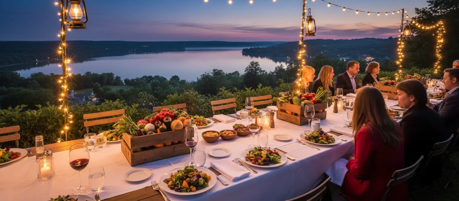 An upscale outdoor corporate retreat dinner or milestone celebration banquet at sunset overlooking a beautiful lake in Douglas, Michigan, featuring business professionals seated along a long table lit by string lights.