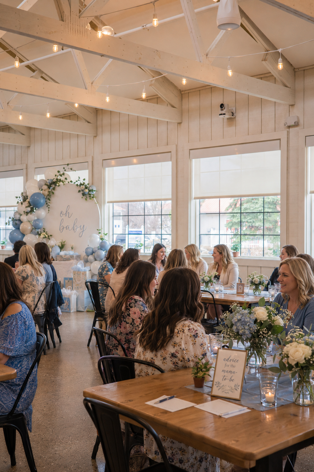 An active baby shower celebration at Heritage Social in Douglas, Michigan, showing female guests seated at wooden tables decorated with blue hydrangeas, alongside an "oh baby" balloon arch backdrop under a vaulted ceiling with string lights.