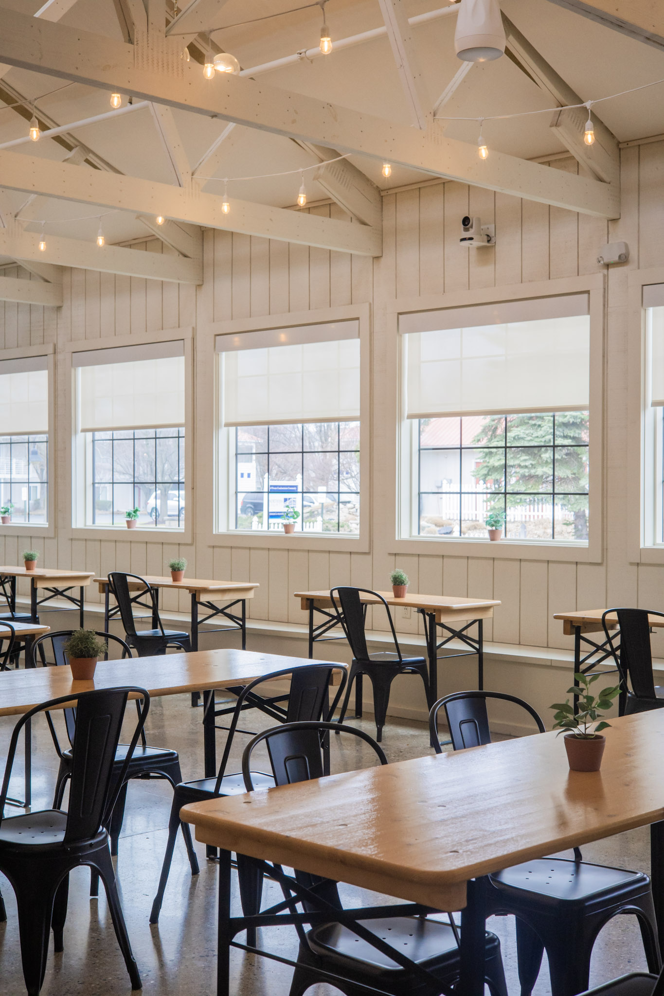 An open, bright indoor event space at Heritage Social in Douglas, Michigan, featuring vaulted ceilings with string lights, white wood-paneled walls, large grid windows with pull-down shades, and wooden tables paired with industrial black metal chairs.