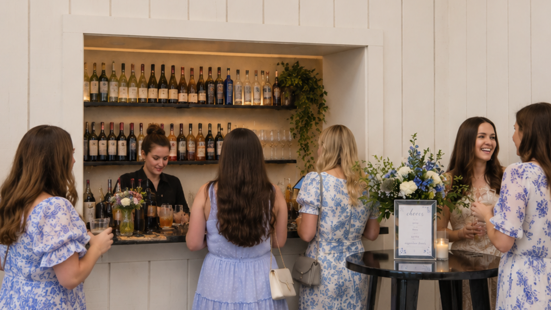 Guests wearing floral dresses gather around a dedicated indoor cocktail bar and high-top table during a bridal shower or wedding rehearsal dinner event at Heritage Social in Douglas, Michigan.