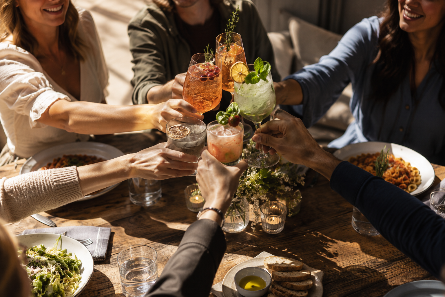 A group of guests clinking colorful cocktail glasses in a celebratory toast over a rustic wooden table filled with food during an intimate private event at Heritage Social in Douglas, Michigan.