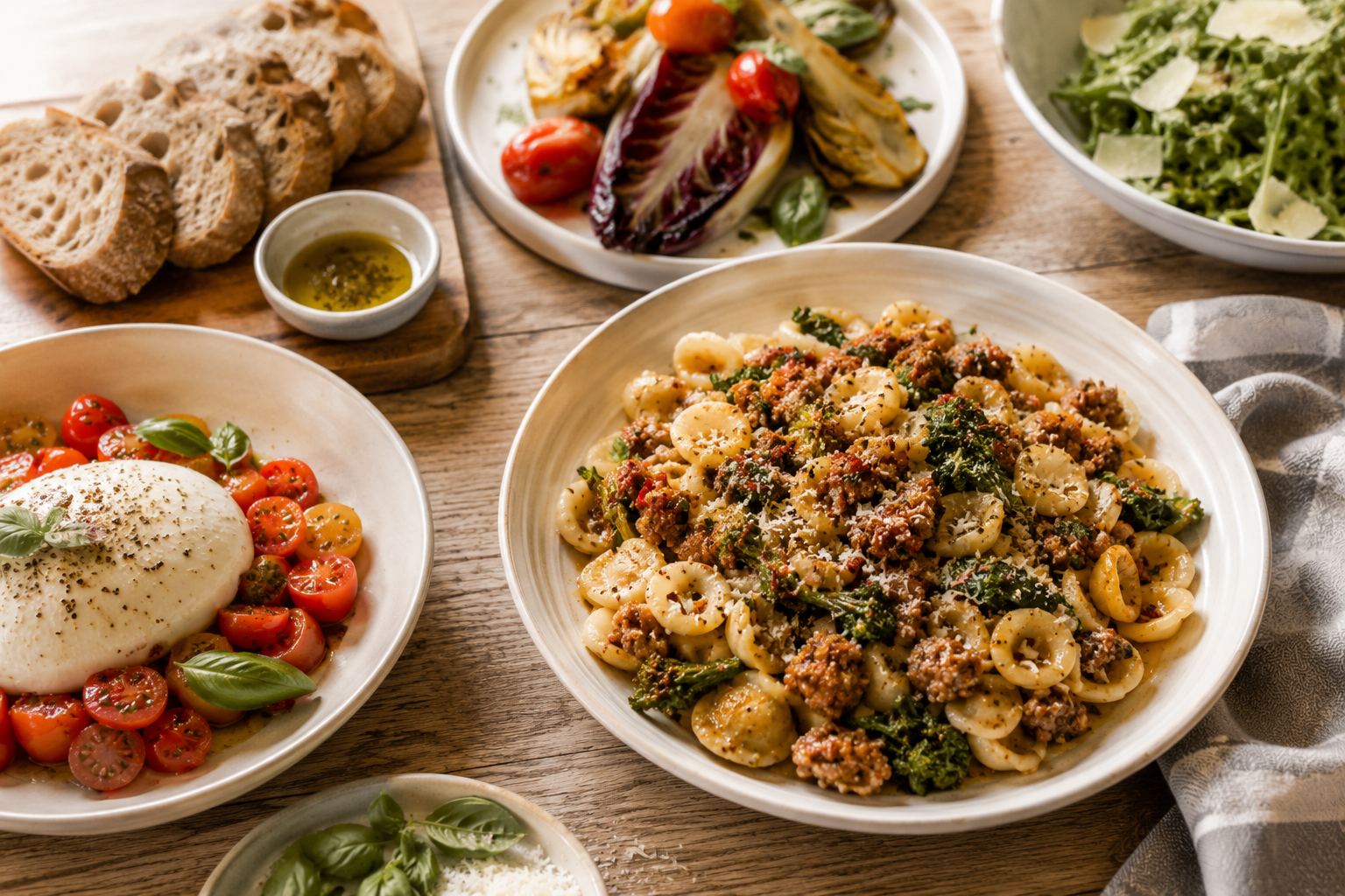 A gourmet, family-style catering spread for a private dinner event at Heritage Social in Douglas, Michigan, featuring a large bowl of orecchiette pasta with sausage, fresh burrata with cherry tomatoes, artisan sliced bread, and a green salad.