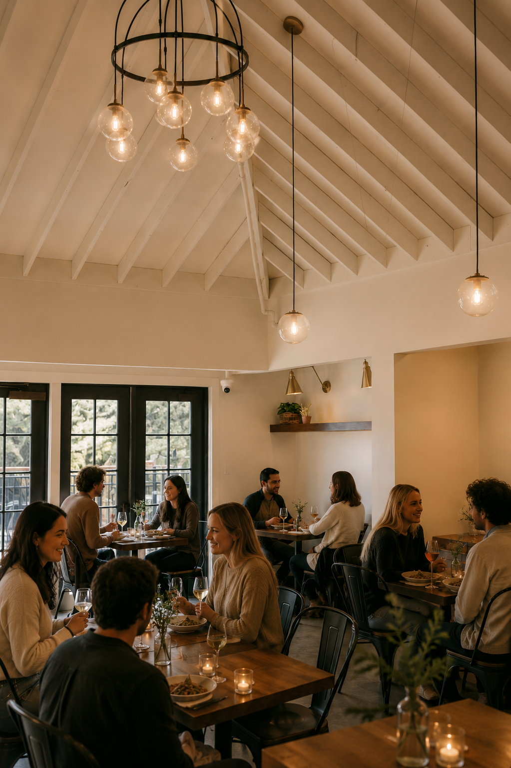 An intimate private dining event at Heritage Social in Douglas, Michigan, showing guests enjoying wine and dinner in a warm room with a vaulted white-beamed ceiling and modern globe chandeliers.