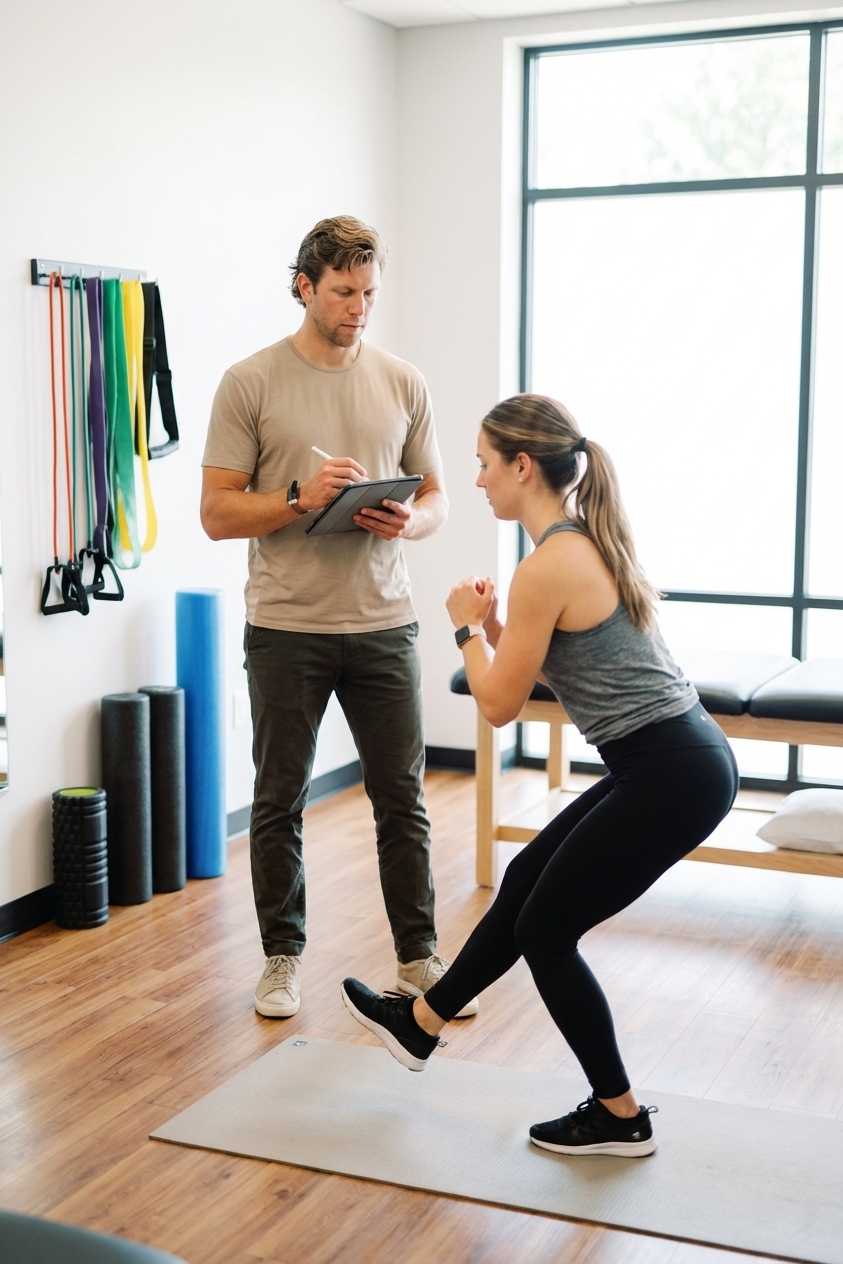 Patient working with a provider at a sports performance clinic in Hingham during a comprehensive movement assessment