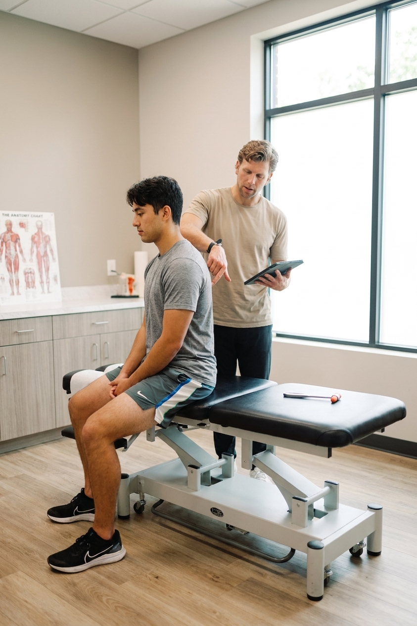 Patient receiving a chiropractic evaluation at a sports chiropractic clinic in Hingham, MA