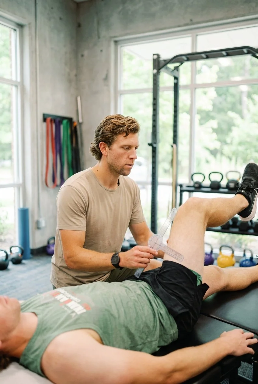 Patient working with a provider at a sports chiropractic clinic in Hingham during a comprehensive movement assessment