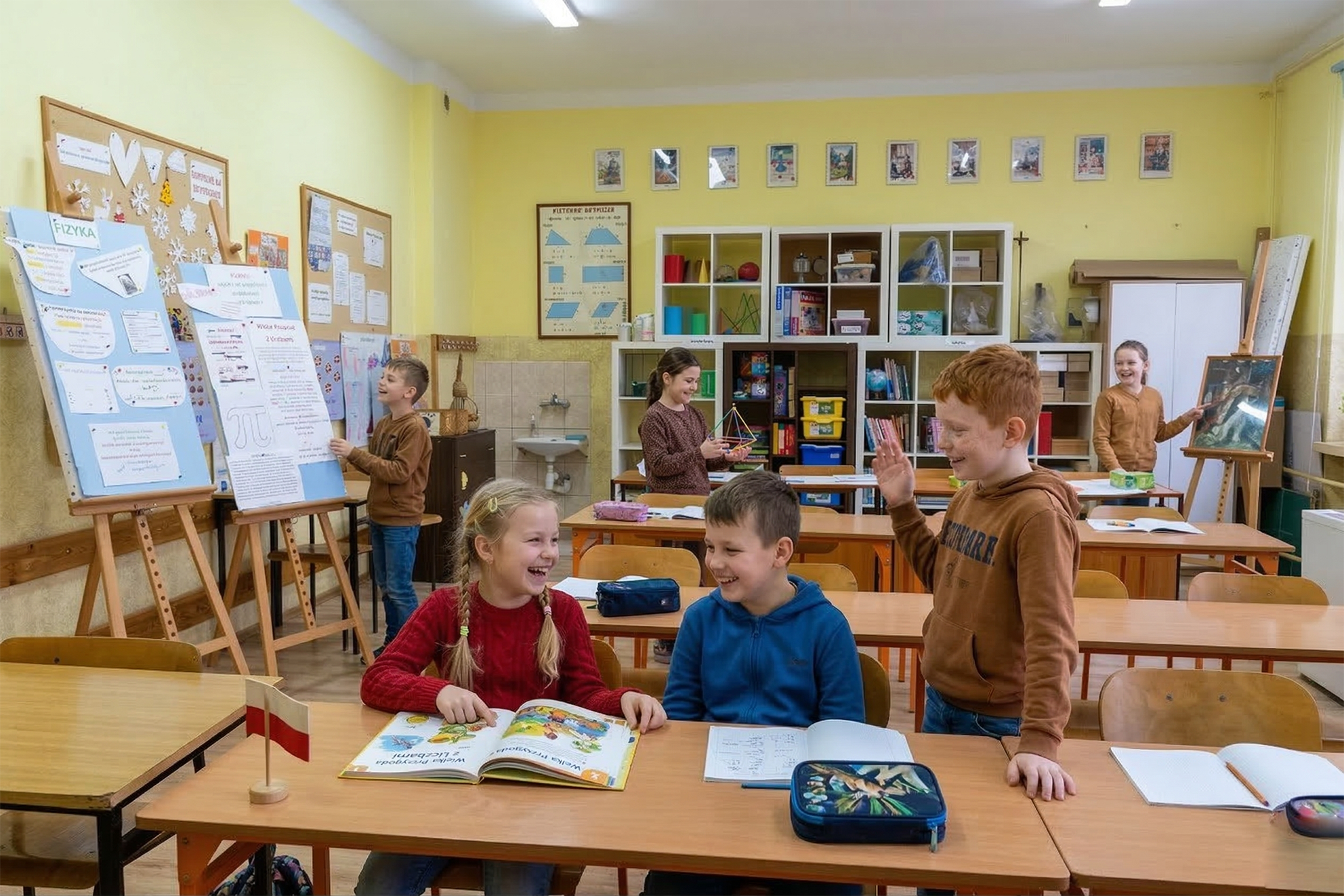 Teacher in green sweater assisting young students sitting at a blue table in a classroom.