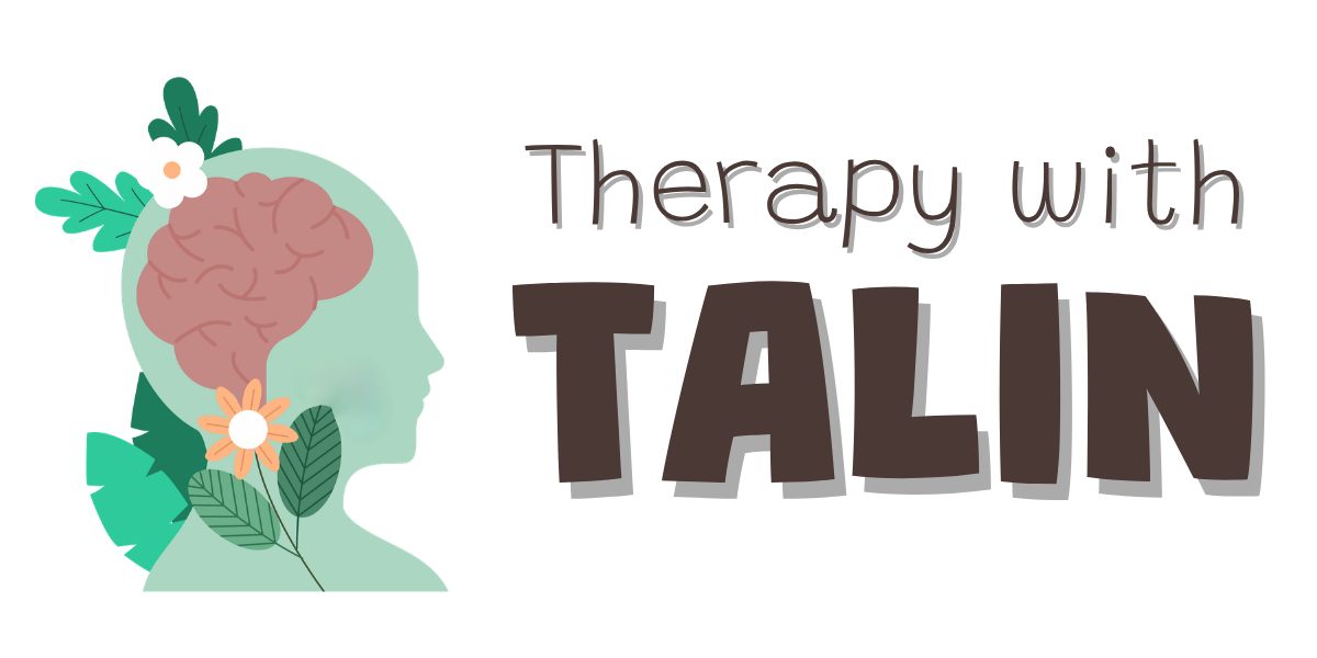 Silhouette of a human head with a brain and flowers inside, next to the text Therapy with TALIN.