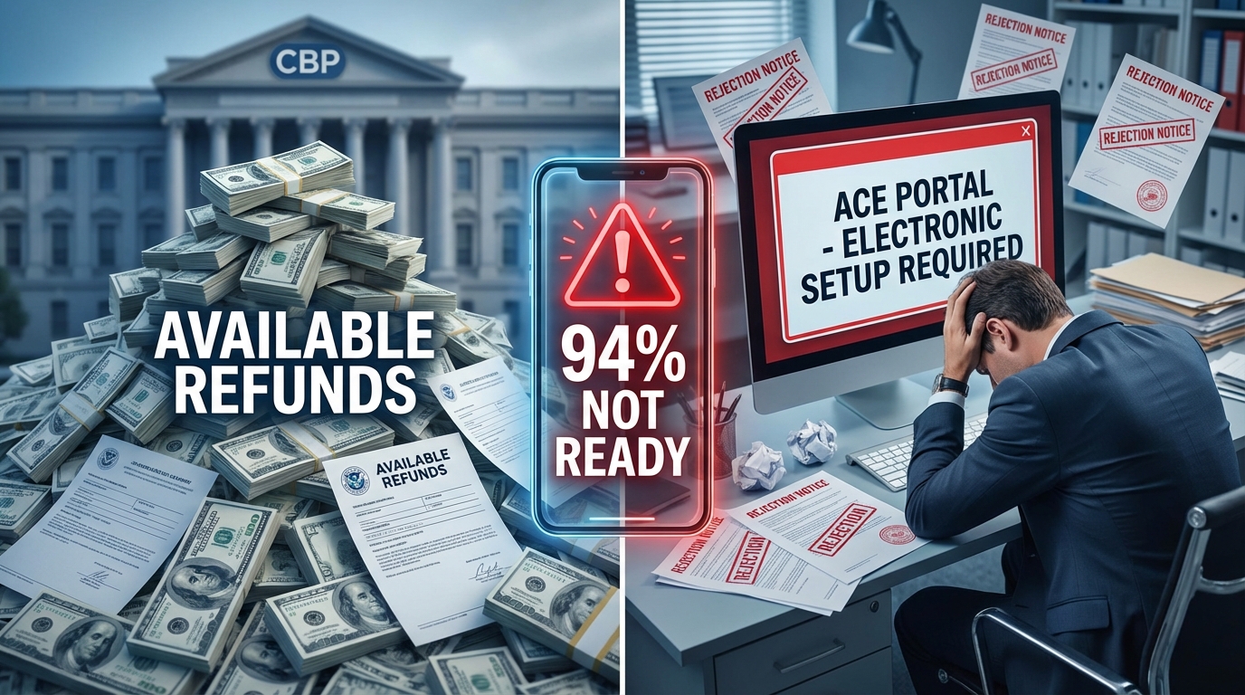 7,700 refunds rejected for 2,897 importers since Feb 6. Only 6.5% of eligible importers completed required ACE Portal electronic setup. $166B in refunds available but blocked by importer inaction.