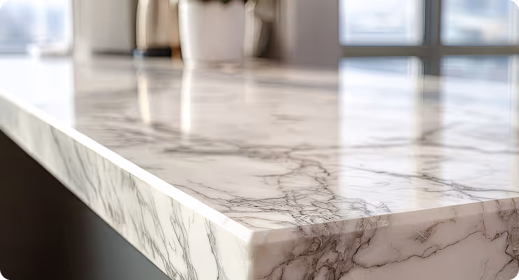 Nahaufnahme einer polierten Marmor-Arbeitsplatte mit hellen und dunklen Adern, im Hintergrund verschwommene Fenster und Dekoration.