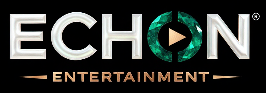 ECHON Entertainment logo with stylized white letters and a green gem play button in the O.