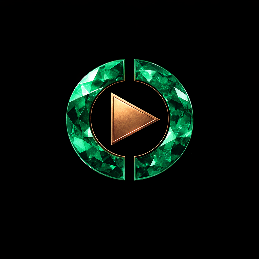 Gold play button inside a green, gemstone-like circular frame on a black background.