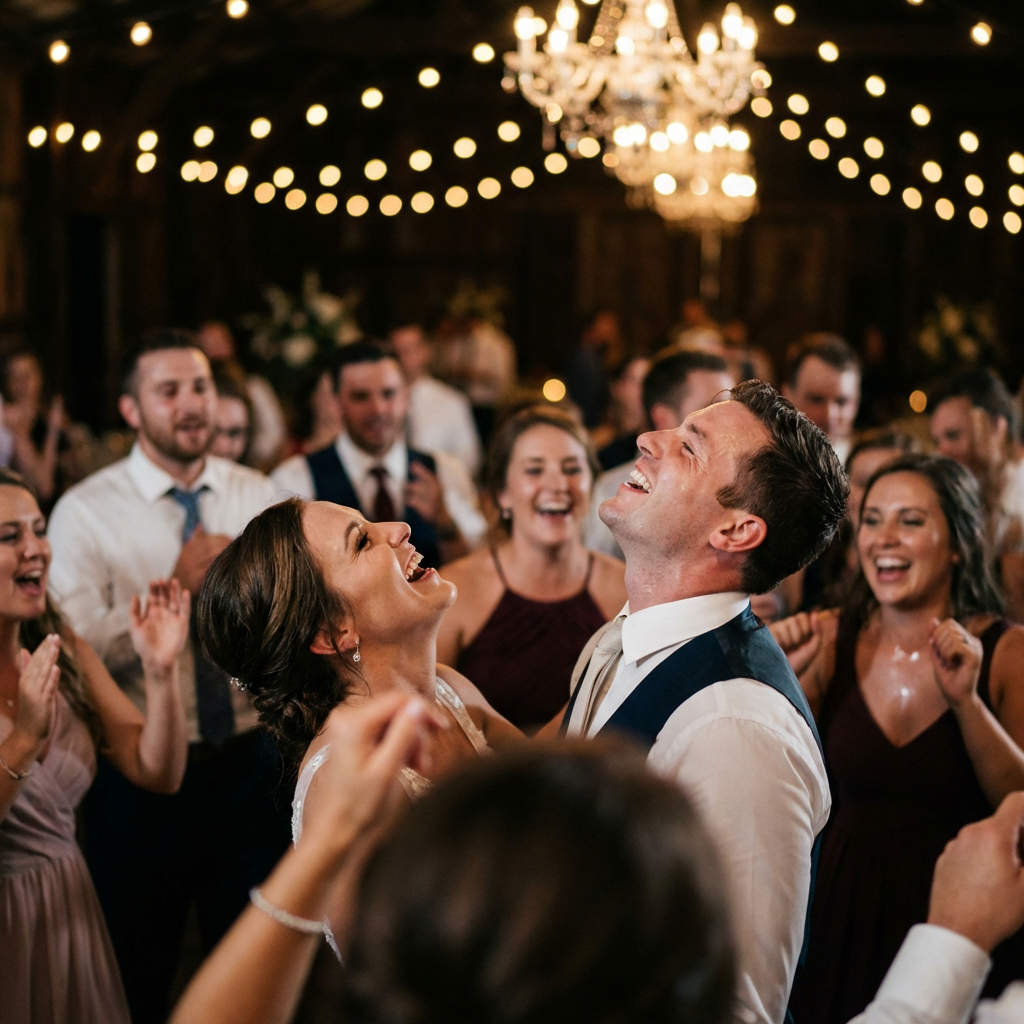 Bride and groom laughing joyfully on dance floor surrounded by smiling guests at wedding reception.