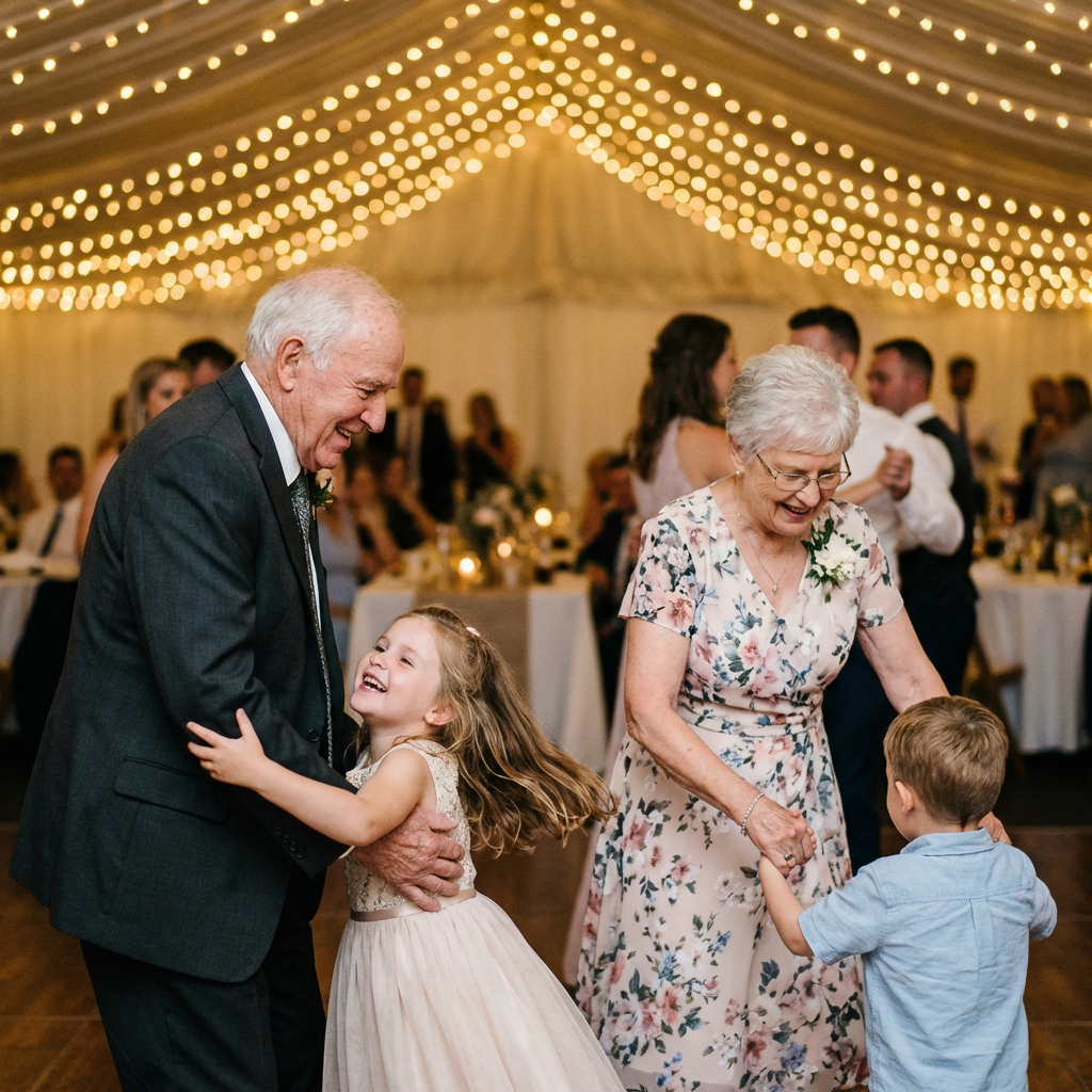 An elderly couple joyfully dances with two young children under string lights at a festive event.