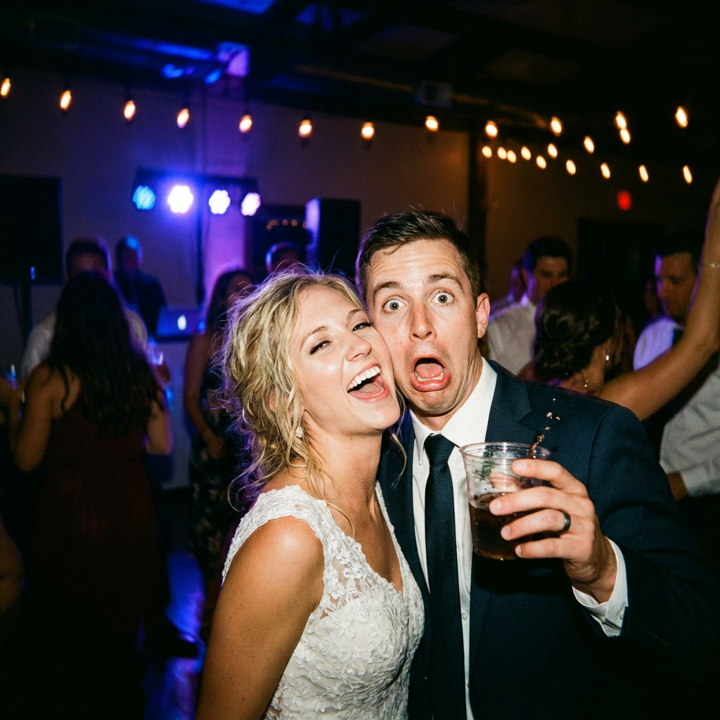 Bride laughing and groom making surprised face while holding a drink at a wedding reception.