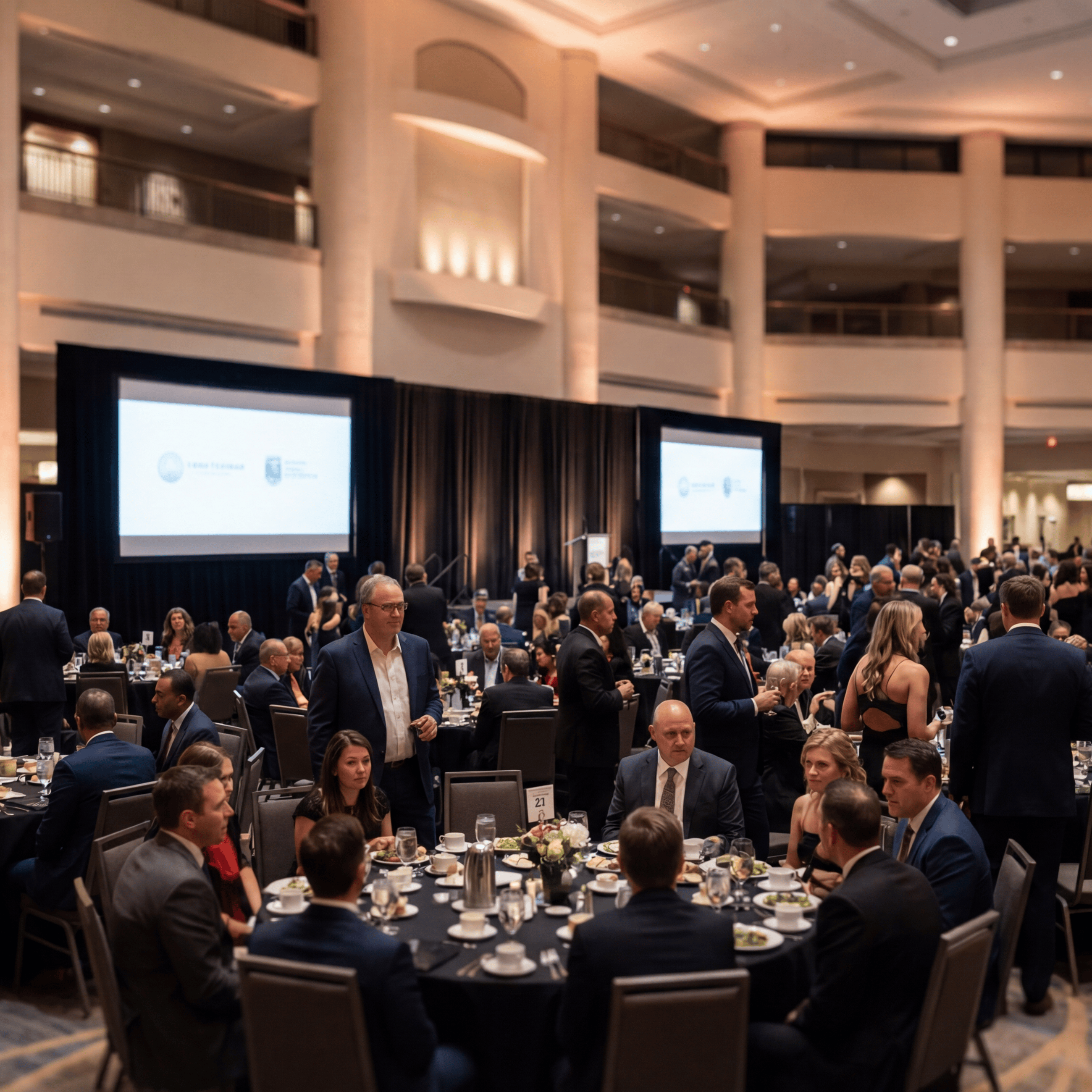 Crowded formal banquet with guests seated at round tables and standing in a large, elegant hall.