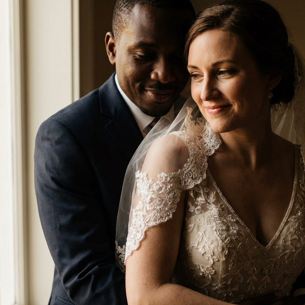 Smiling bride in lace dress embraced from behind by groom in dark suit near window.