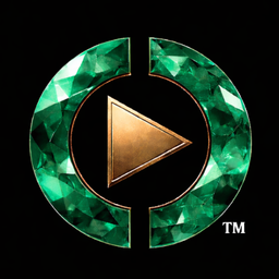 Green gem-like circular icon split by a central bronze play button triangle on black background.